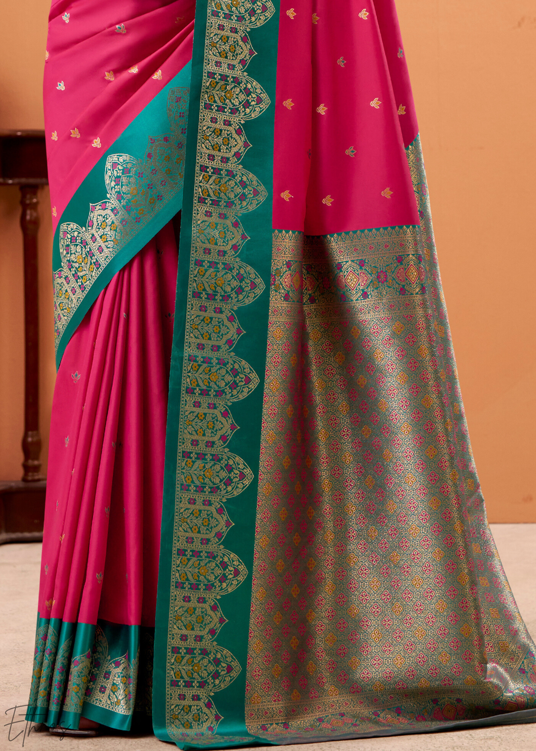 Deep Rose Pink Satin Silk Saree