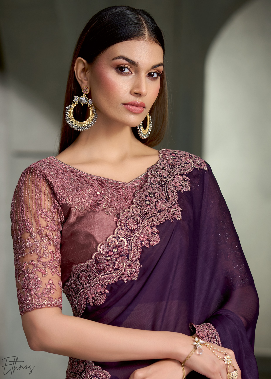 Deep Violet Swirl Floral Embroidered Satin Silk Chiffon Saree