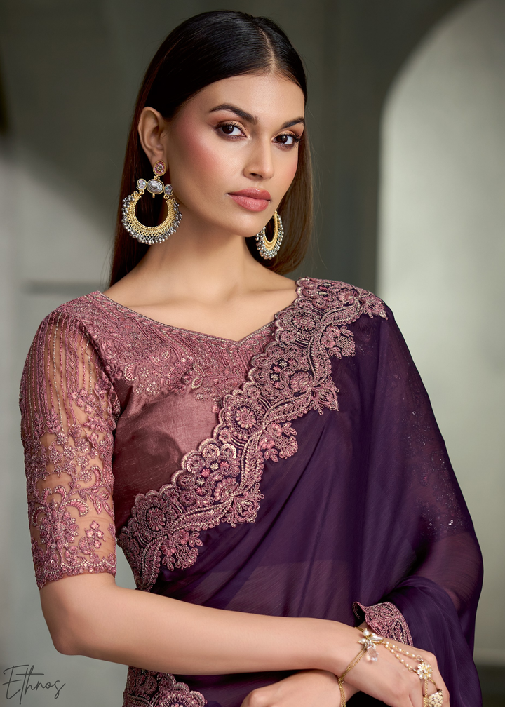 Deep Violet Swirl Floral Embroidered Satin Silk Chiffon Saree