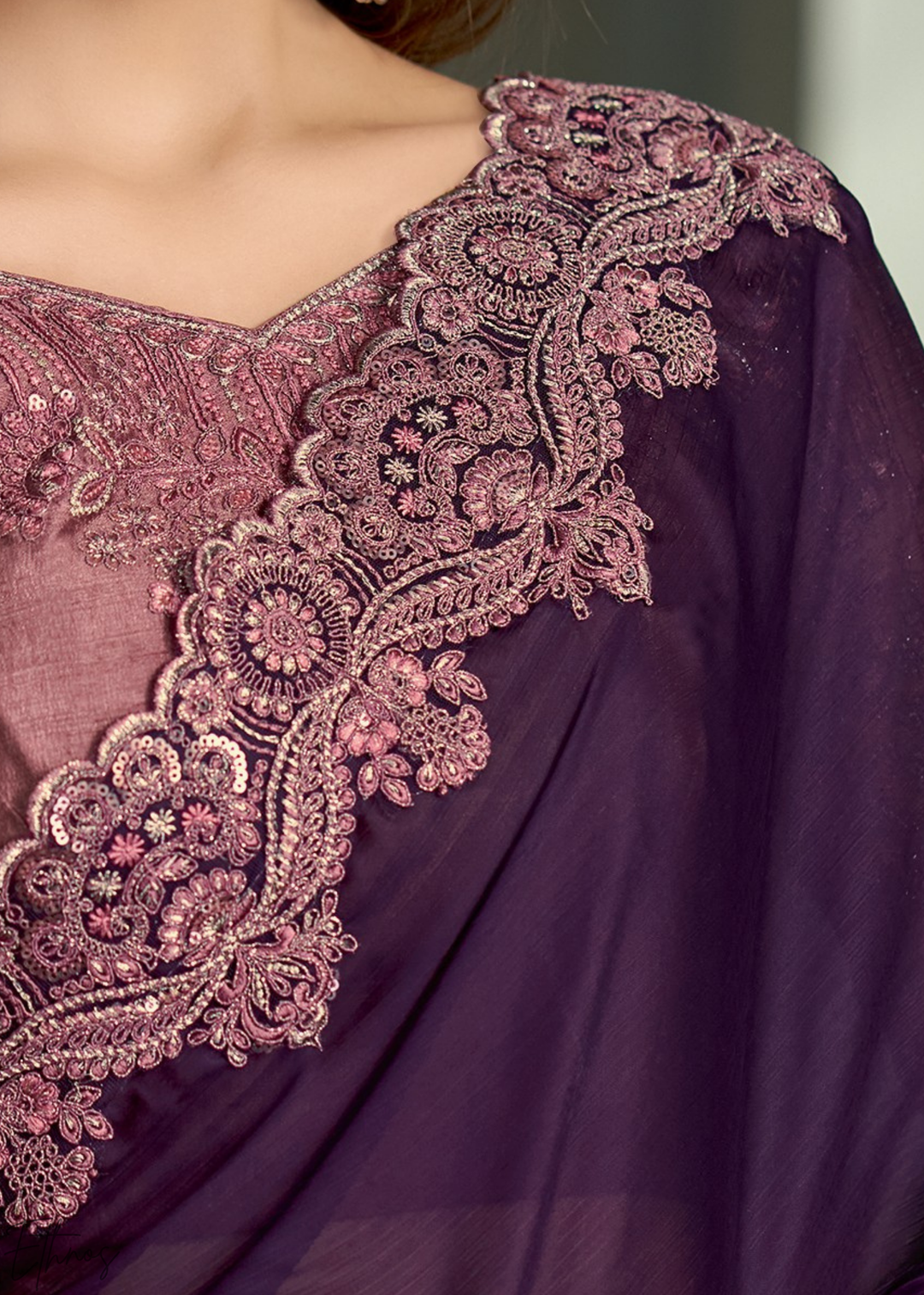 Deep Violet Swirl Floral Embroidered Satin Silk Chiffon Saree