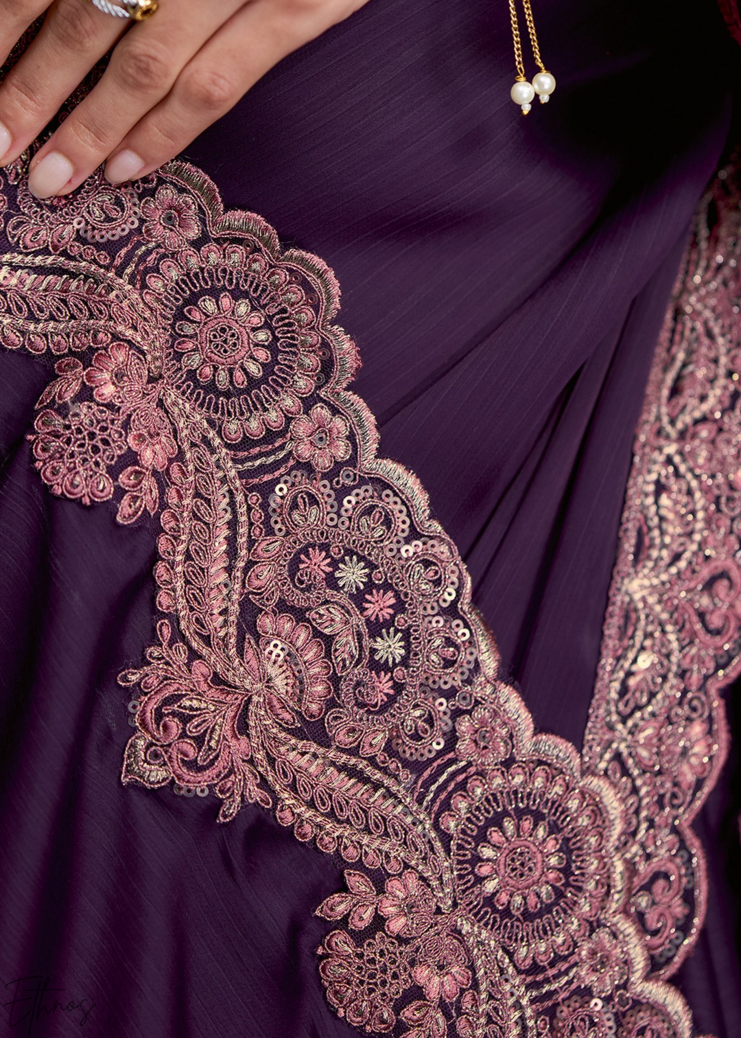 Deep Violet Swirl Floral Embroidered Satin Silk Chiffon Saree