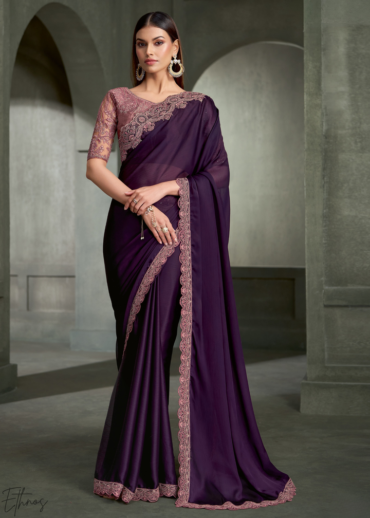 Deep Violet Swirl Floral Embroidered Satin Silk Chiffon Saree