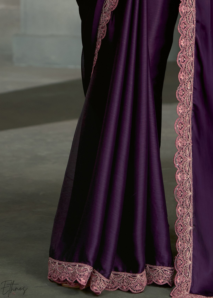 Deep Violet Swirl Floral Embroidered Satin Silk Chiffon Saree