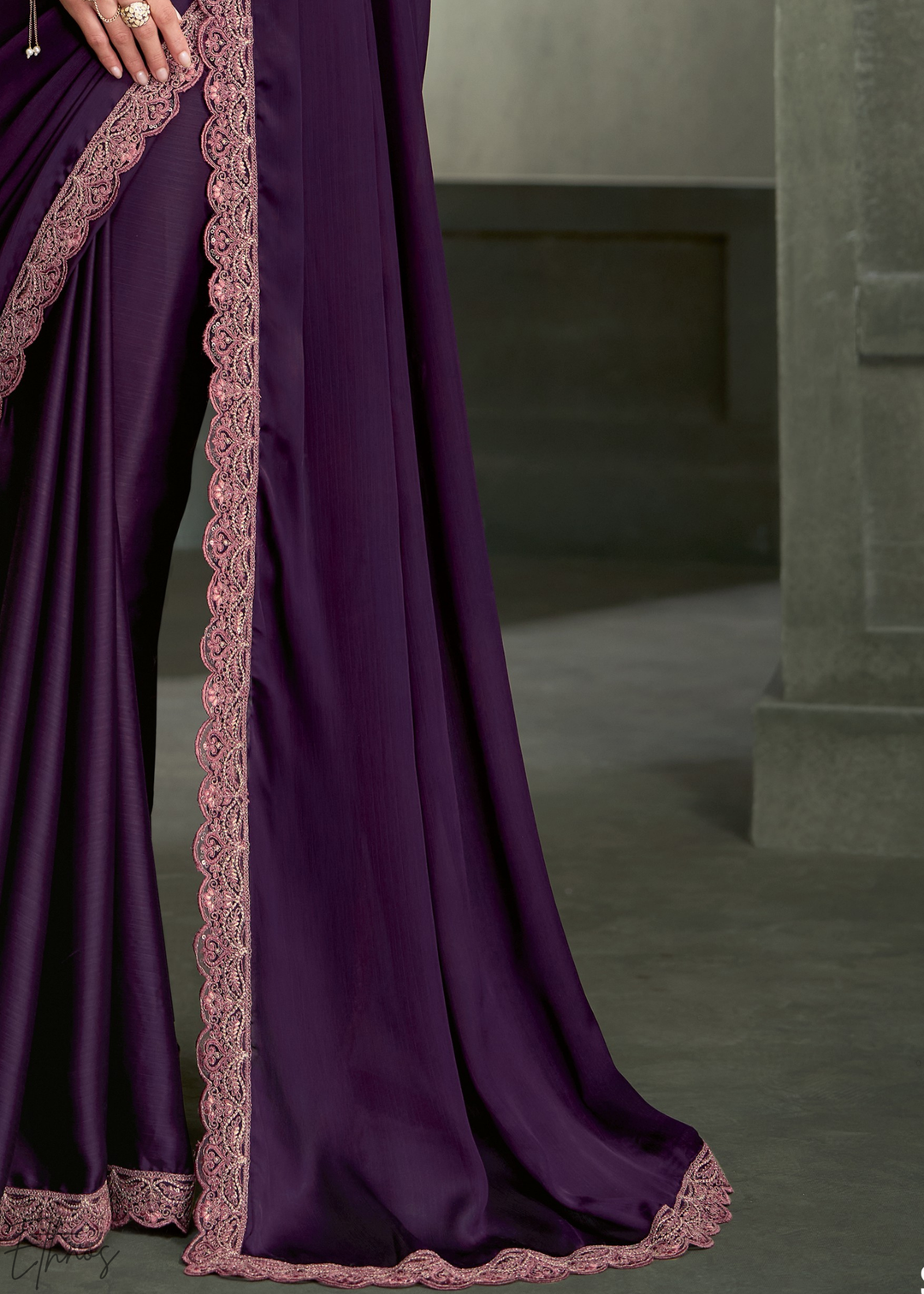 Deep Violet Swirl Floral Embroidered Satin Silk Chiffon Saree