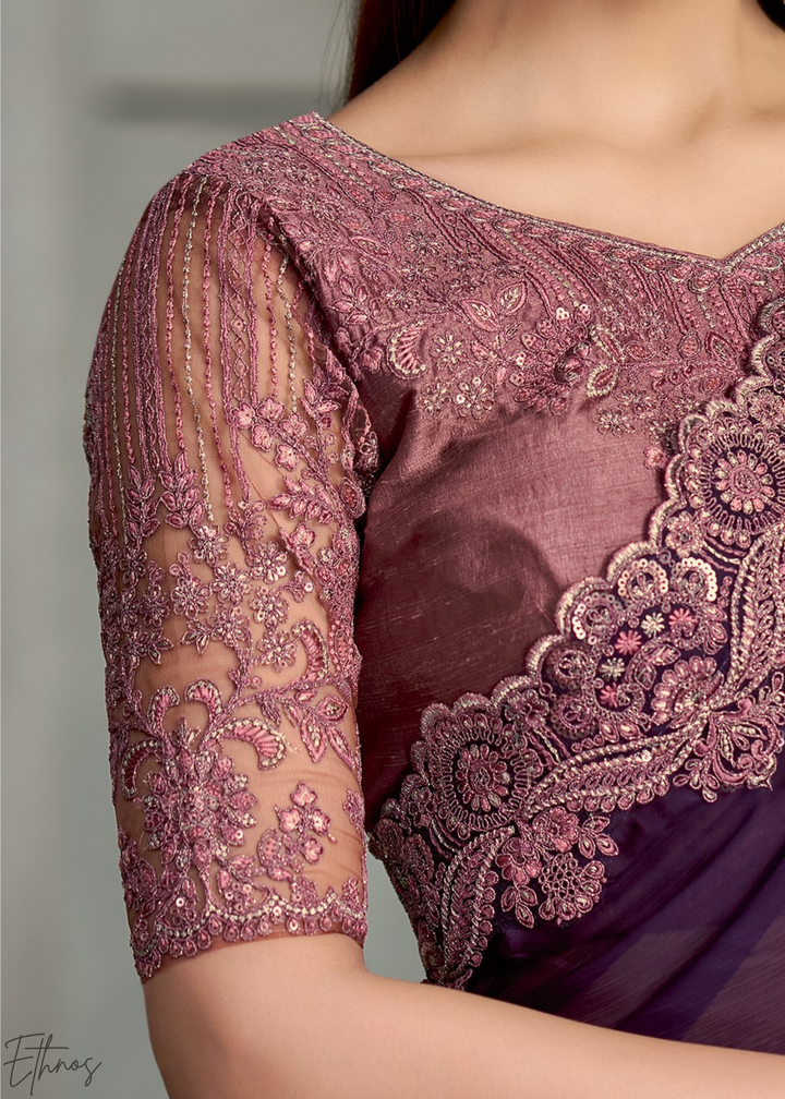 Deep Violet Swirl Floral Embroidered Satin Silk Chiffon Saree