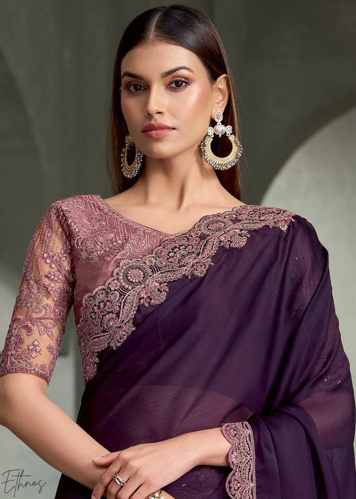 Deep Violet Swirl Floral Embroidered Satin Silk Chiffon Saree