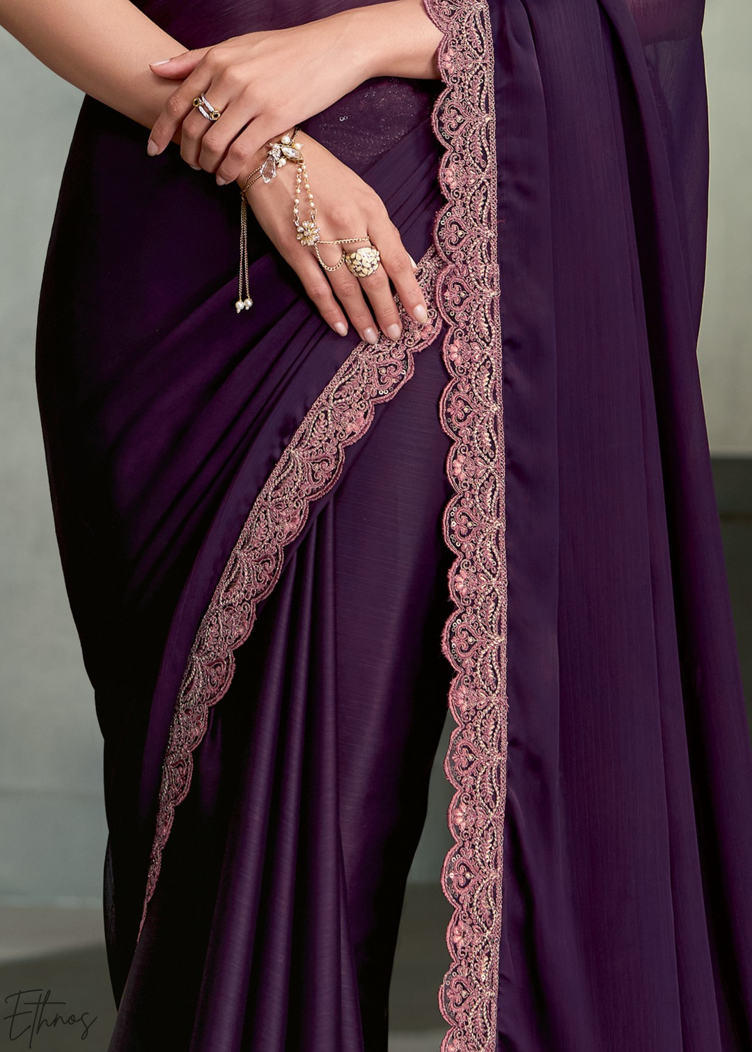 Deep Violet Swirl Floral Embroidered Satin Silk Chiffon Saree