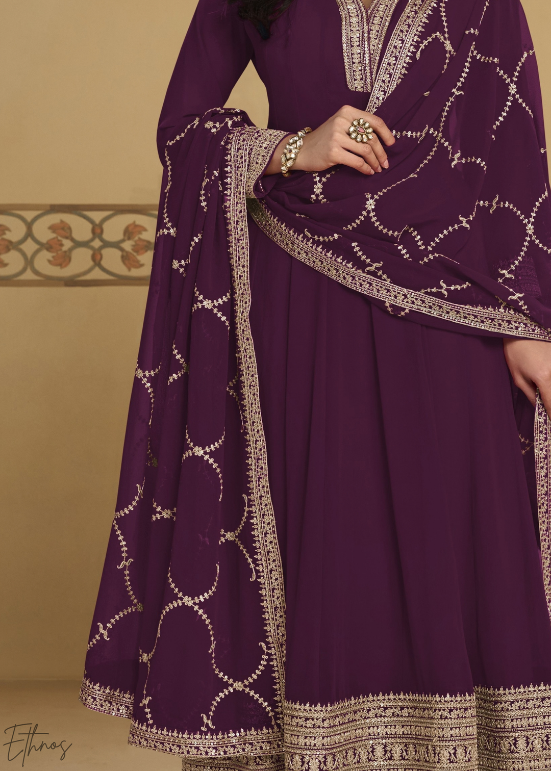 Deep plum Embroidered Georgette Anarkali Suit