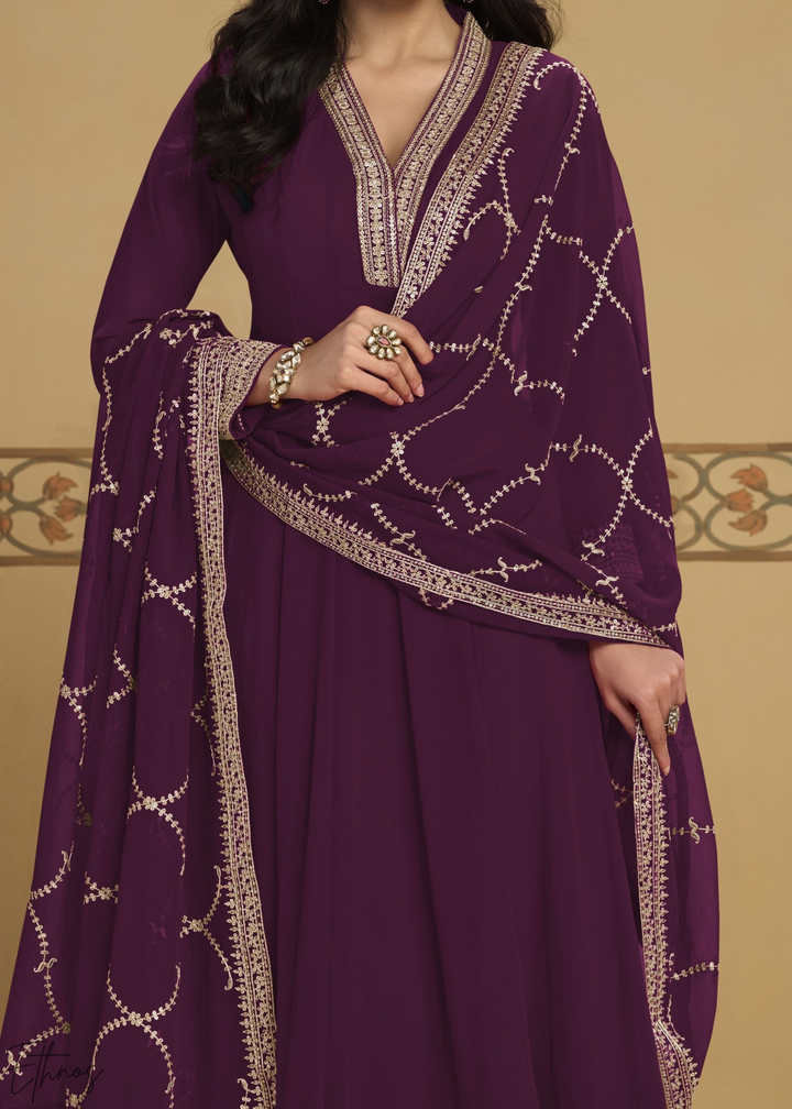 Deep plum Embroidered Georgette Anarkali Suit