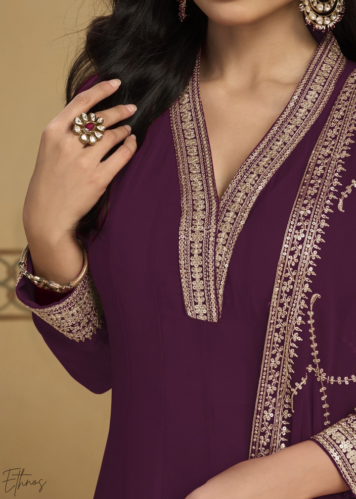 Deep plum Embroidered Georgette Anarkali Suit