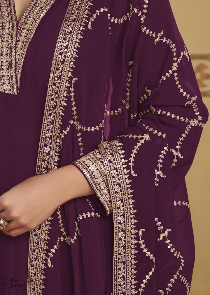 Deep plum Embroidered Georgette Anarkali Suit