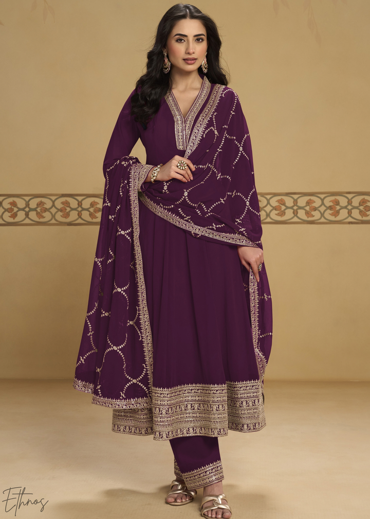 Deep plum Embroidered Georgette Anarkali Suit