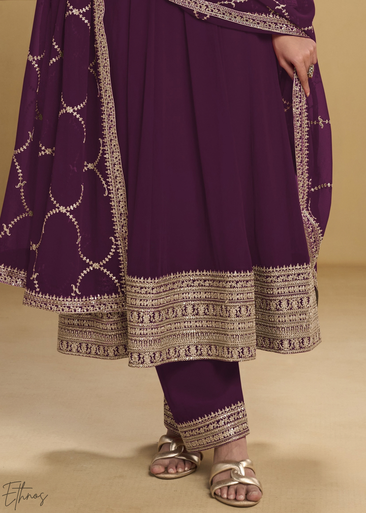 Deep plum Embroidered Georgette Anarkali Suit