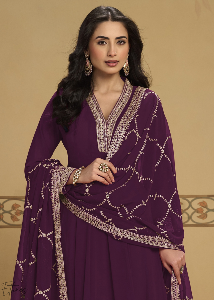 Deep plum Embroidered Georgette Anarkali Suit