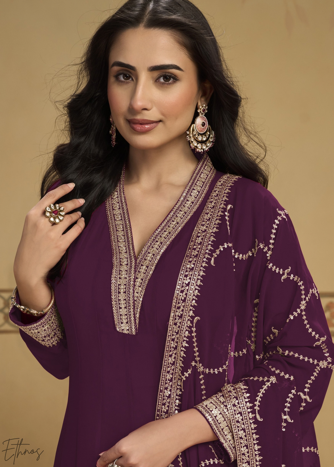 Deep plum Embroidered Georgette Anarkali Suit