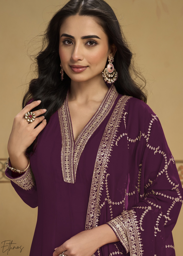 Deep plum Embroidered Georgette Anarkali Suit