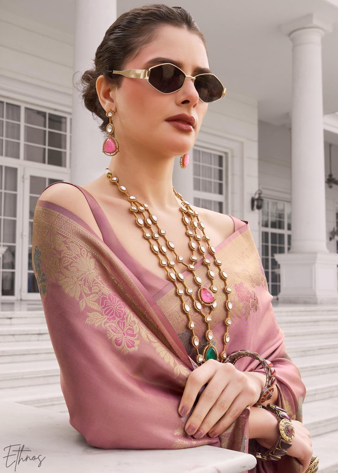 Desert Rose Damask Kora Silk Saree