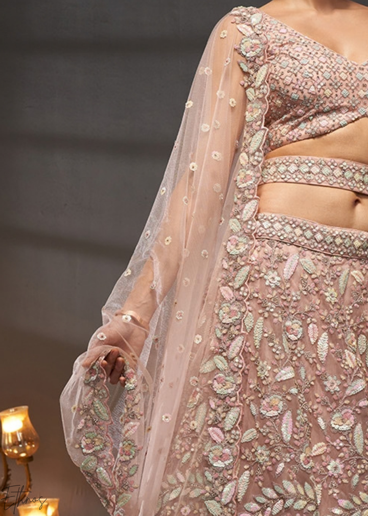 Desert Rose Gilded Bouquet Net Lehenga