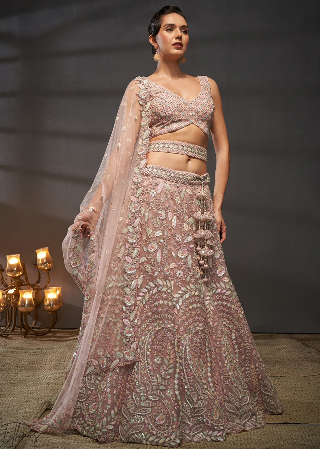 Desert Rose Gilded Bouquet Net Lehenga