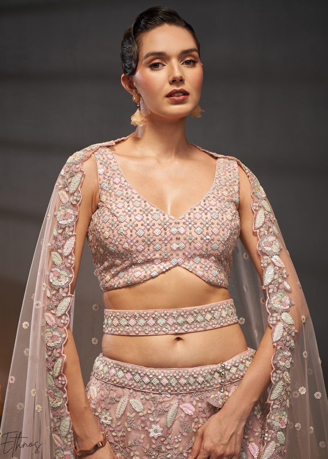 Desert Rose Gilded Bouquet Net Lehenga