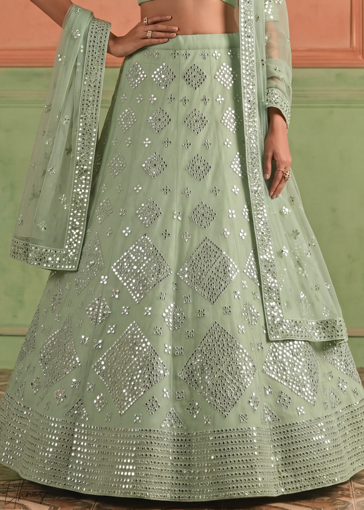Desert Sage Diamond Mirror Embellished Organza Lehenga Choli