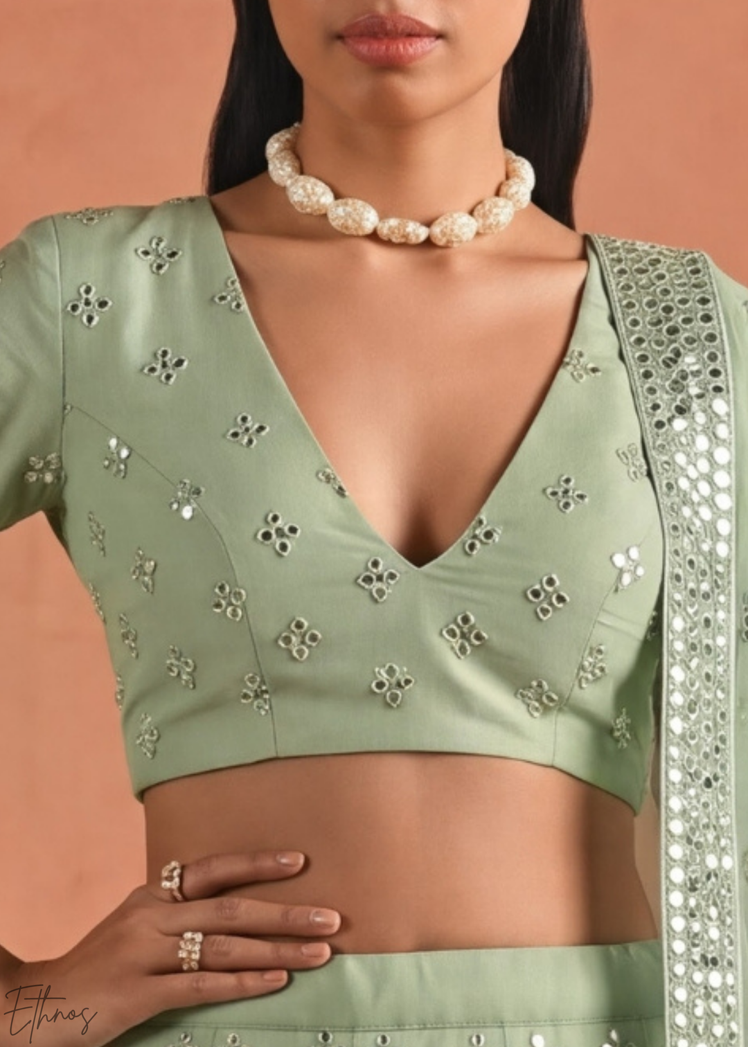 Desert Sage Diamond Mirror Embellished Organza Lehenga Choli