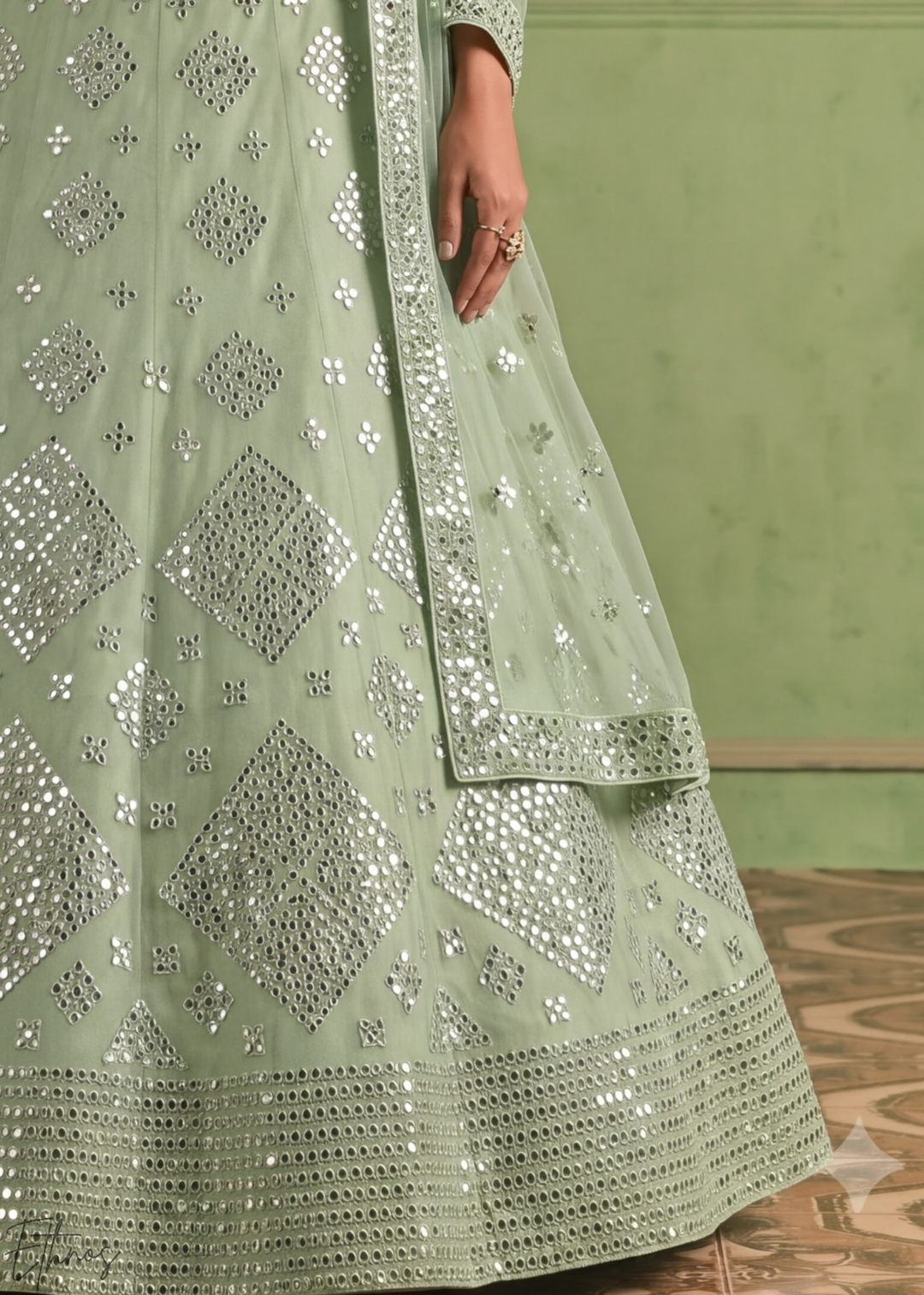 Desert Sage Diamond Mirror Embellished Organza Lehenga Choli