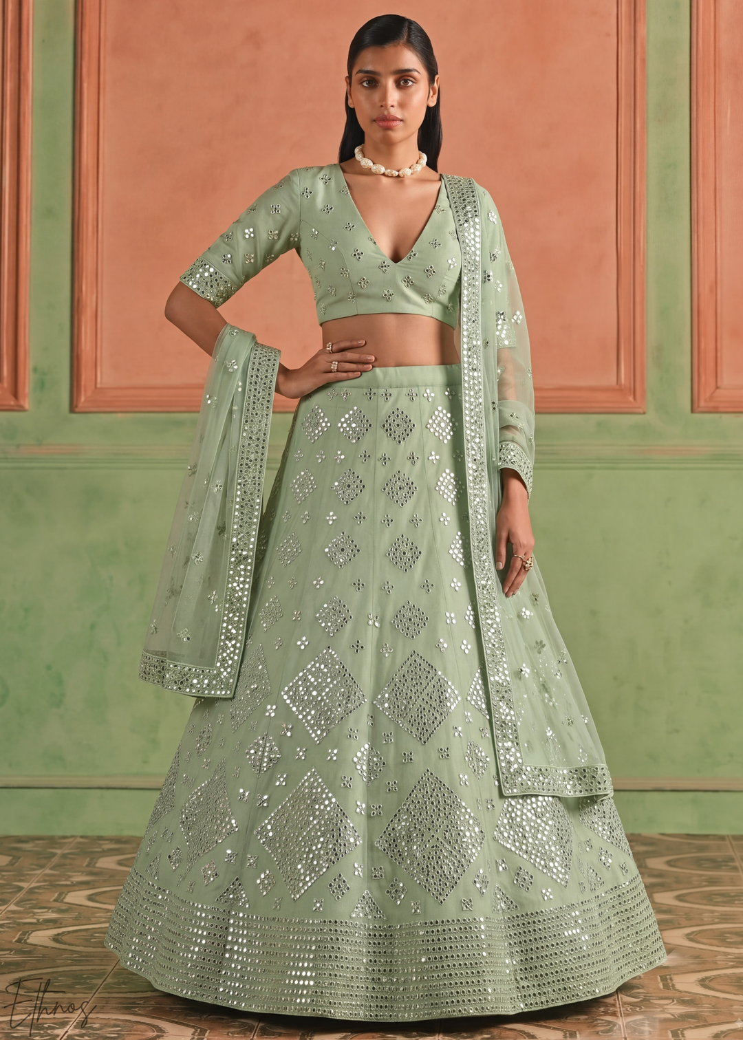 Desert Sage Diamond Mirror Embellished Organza Lehenga Choli