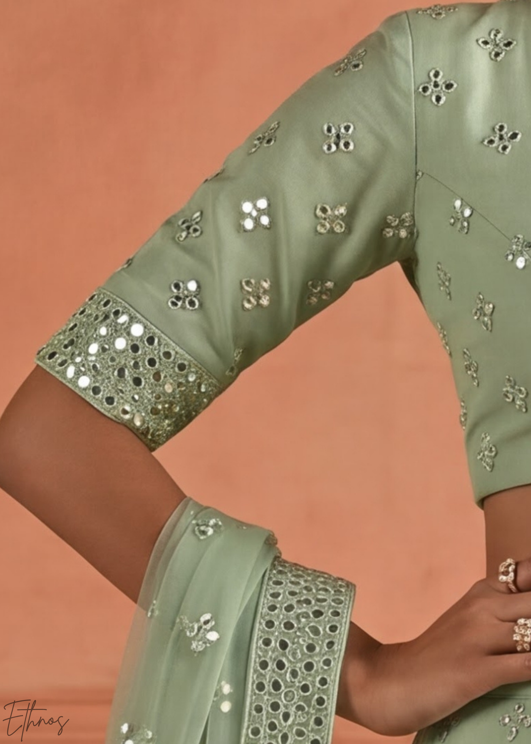 Desert Sage Diamond Mirror Embellished Organza Lehenga Choli