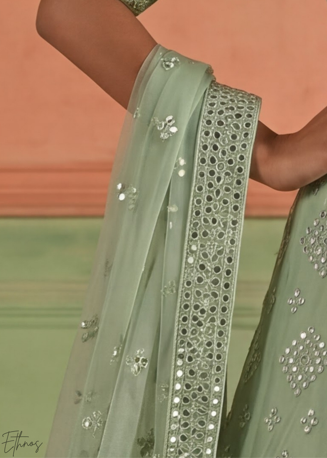 Desert Sage Diamond Mirror Embellished Organza Lehenga Choli
