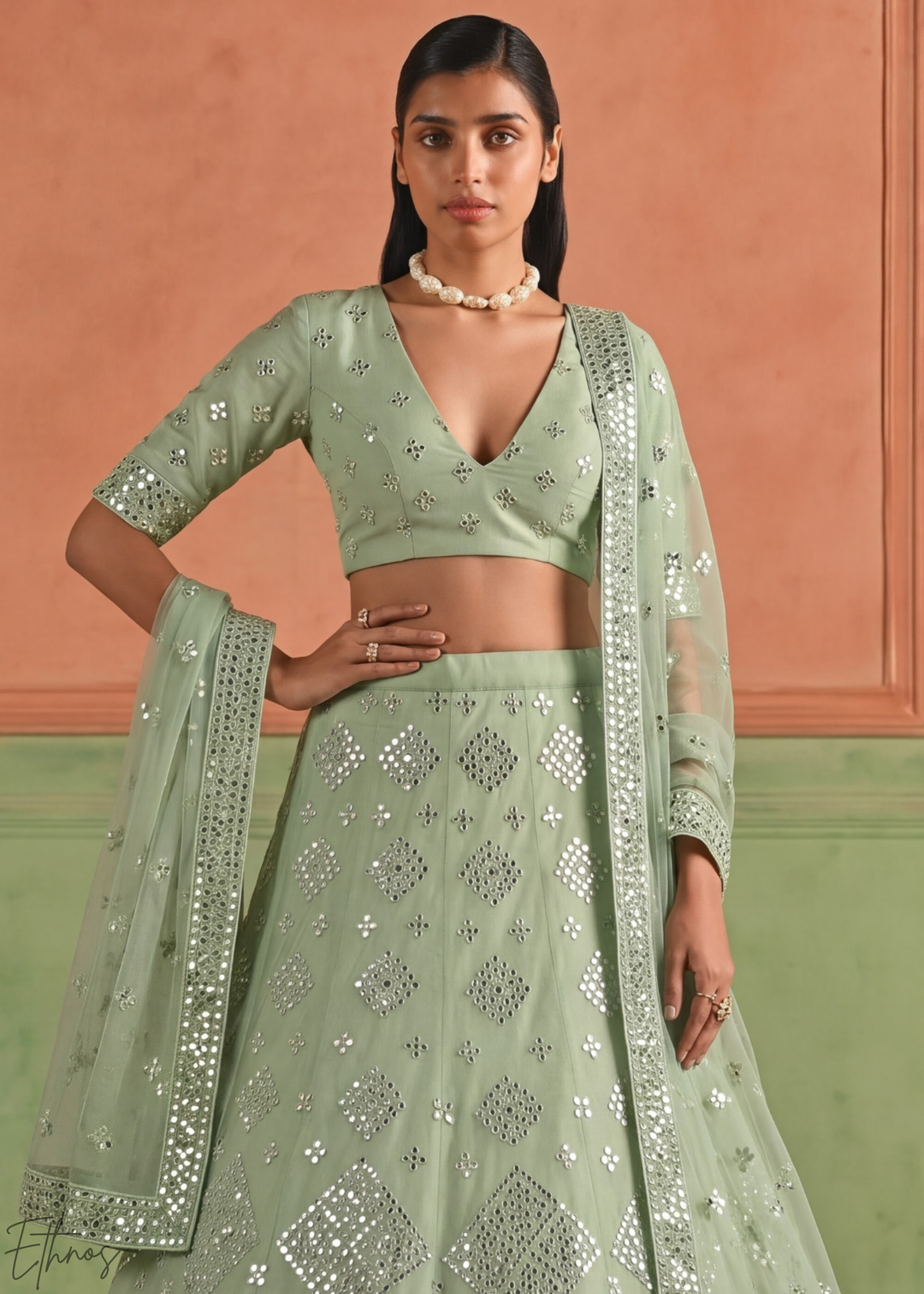 Desert Sage Diamond Mirror Embellished Organza Lehenga Choli