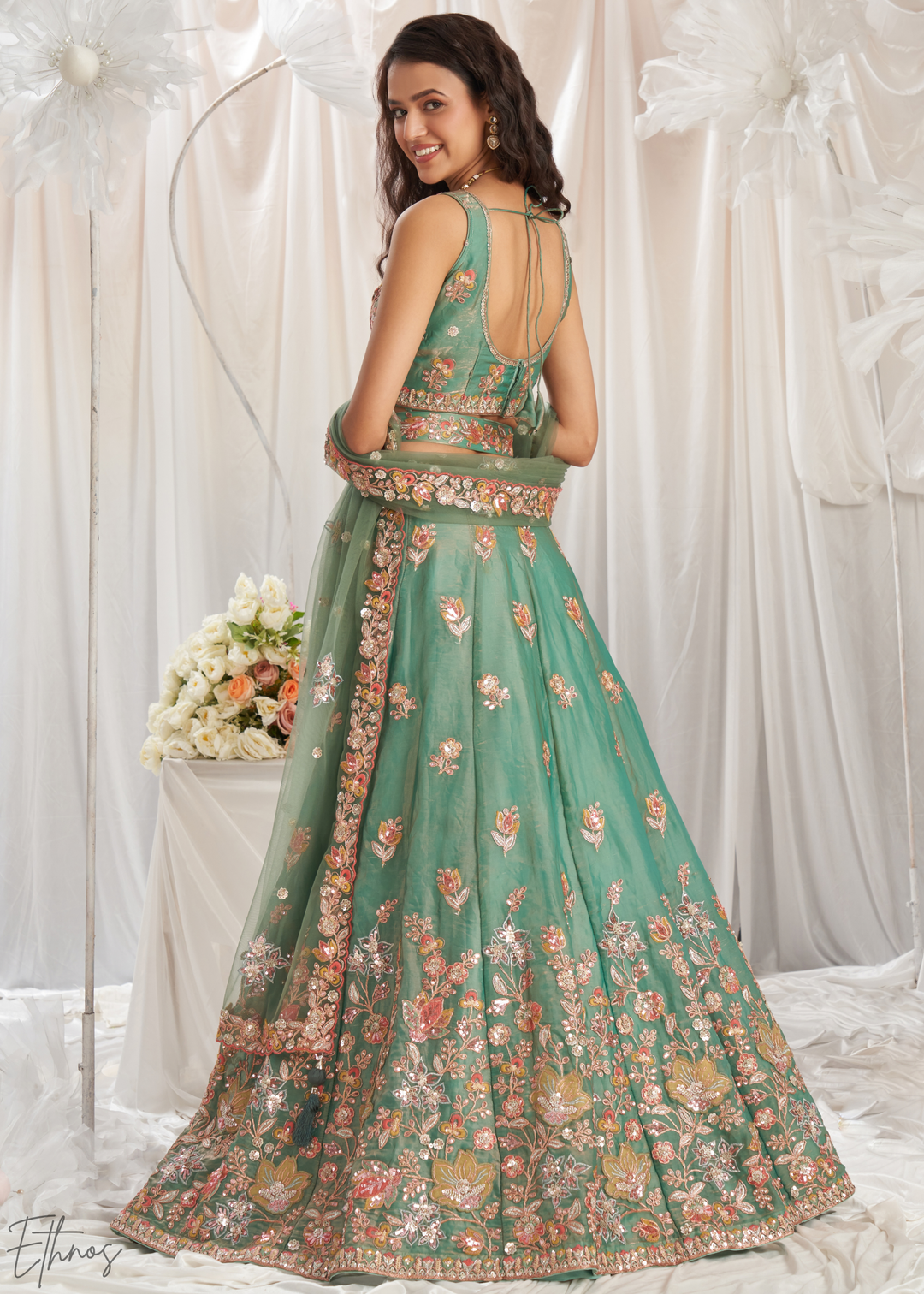 Desert Sage Gilded Bouquet Organza Lehenga