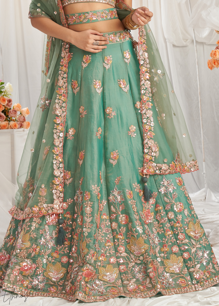 Desert Sage Gilded Bouquet Organza Lehenga