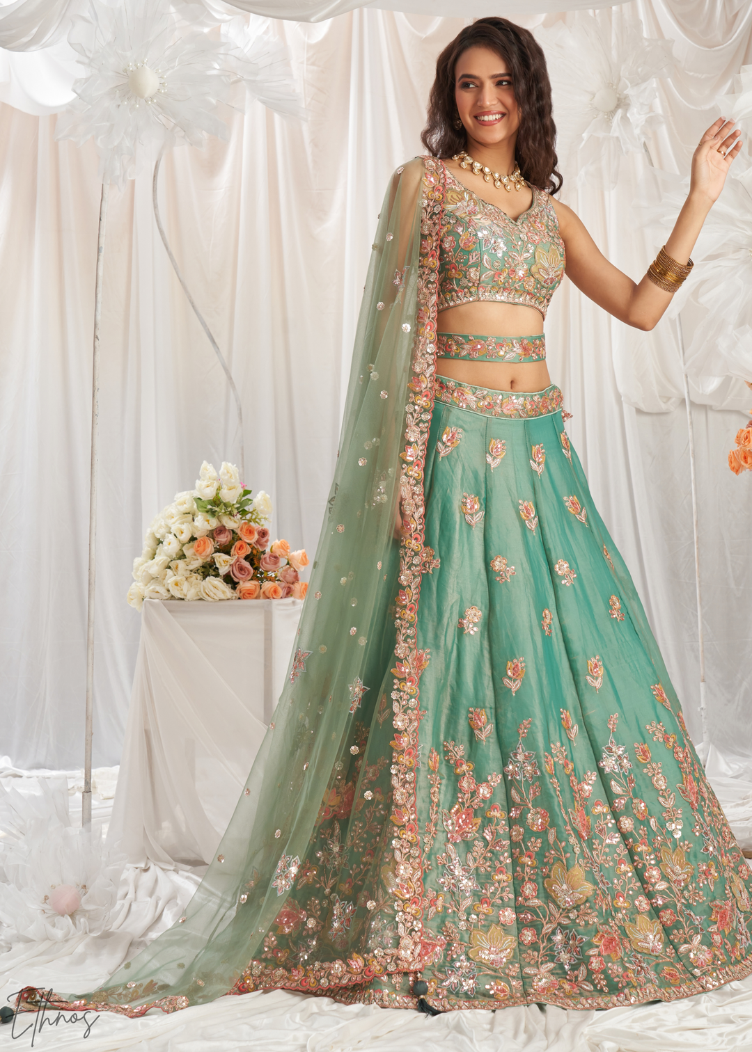 Desert Sage Gilded Bouquet Organza Lehenga
