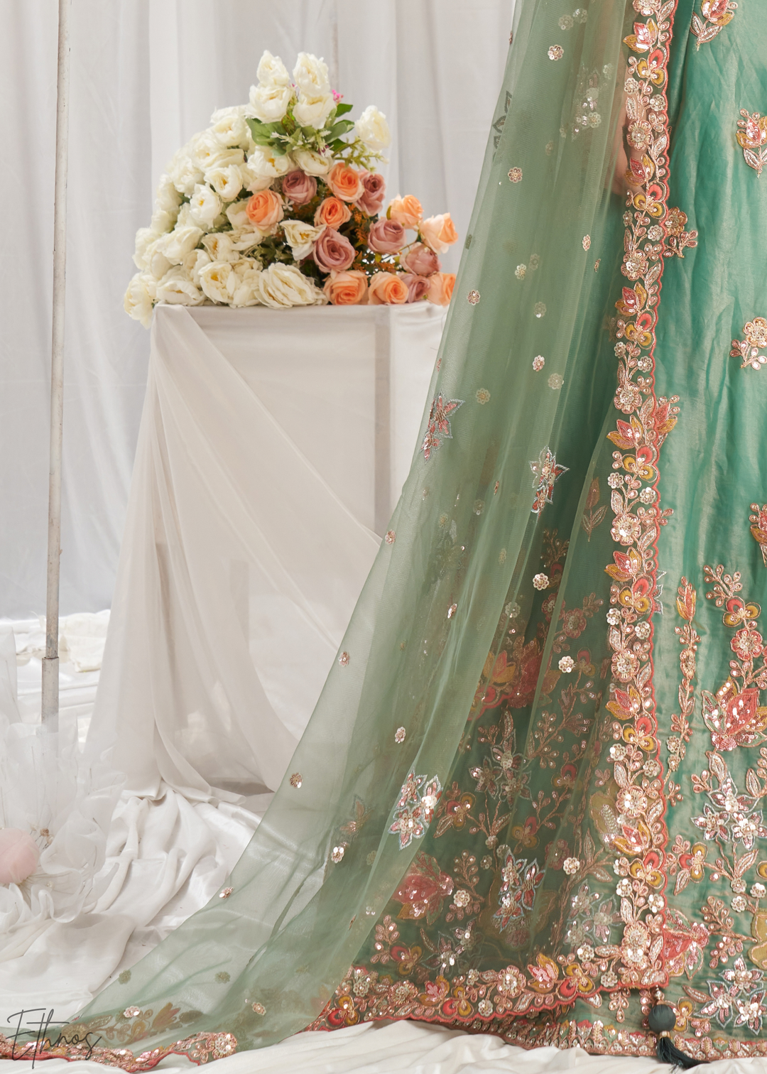 Desert Sage Gilded Bouquet Organza Lehenga