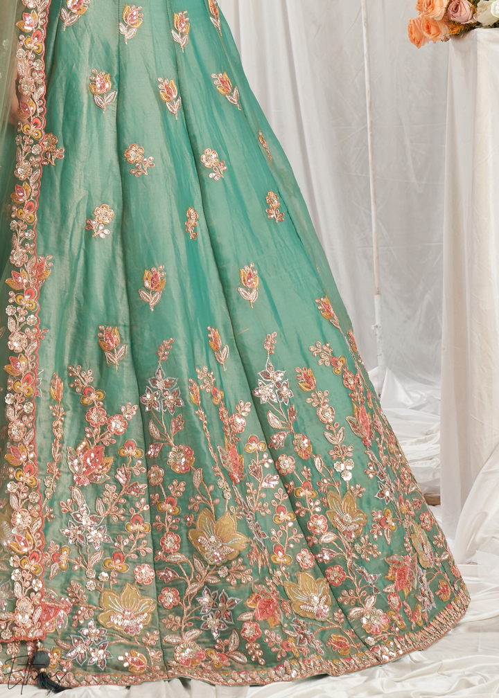Desert Sage Gilded Bouquet Organza Lehenga