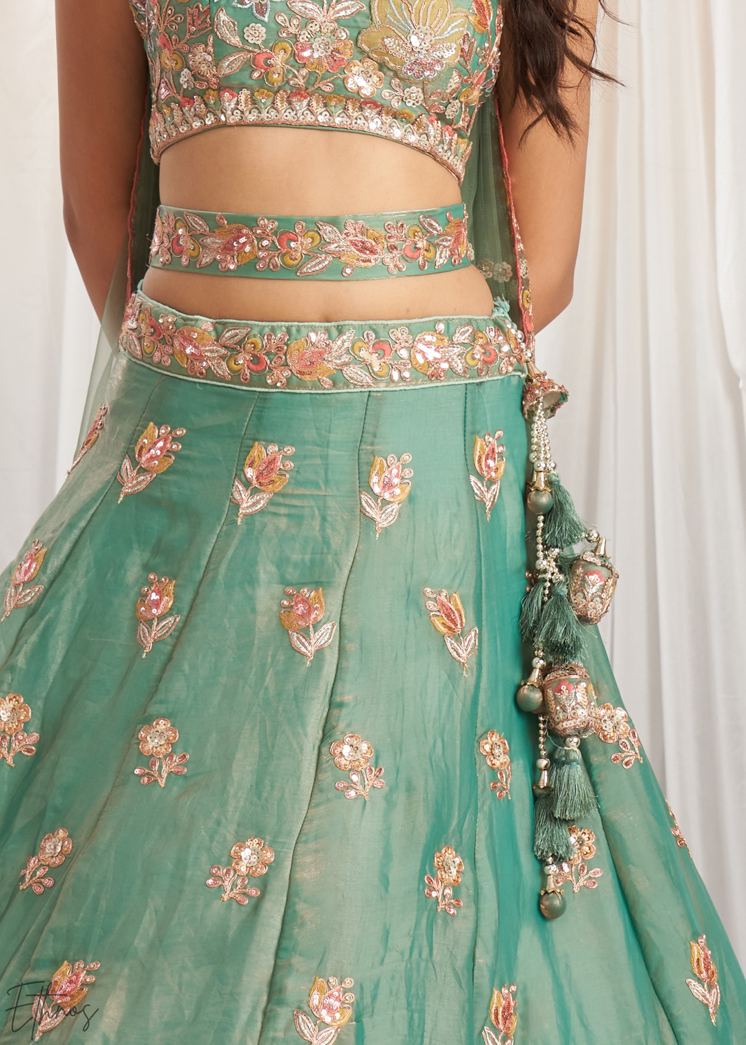 Desert Sage Gilded Bouquet Organza Lehenga