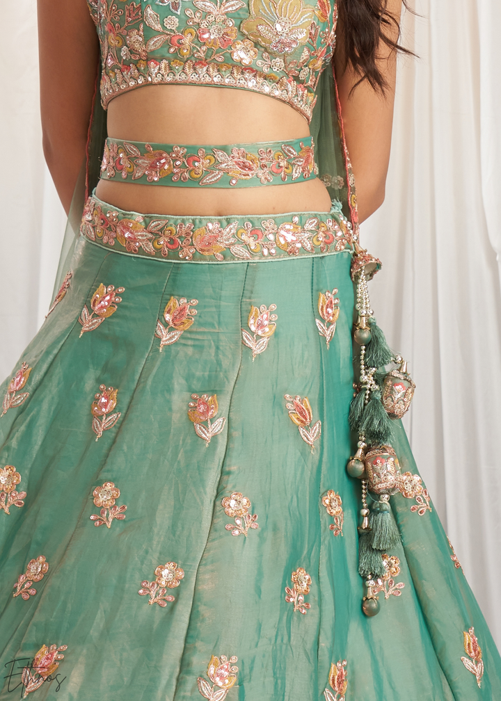 Desert Sage Gilded Bouquet Organza Lehenga
