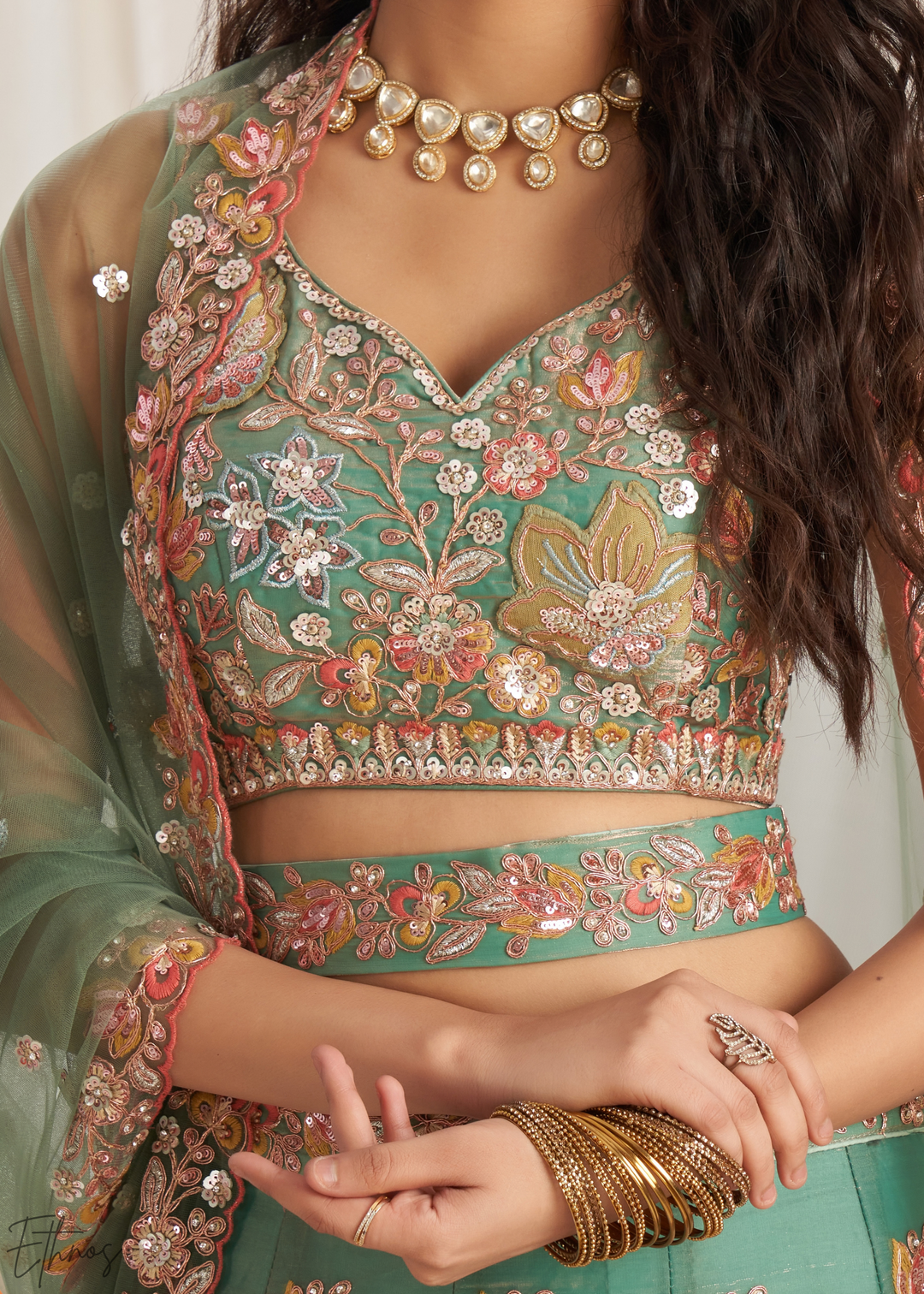 Desert Sage Gilded Bouquet Organza Lehenga