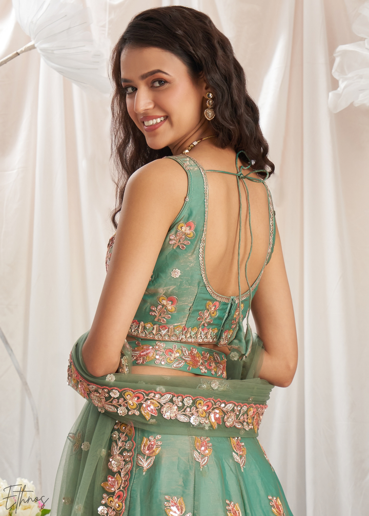 Desert Sage Gilded Bouquet Organza Lehenga