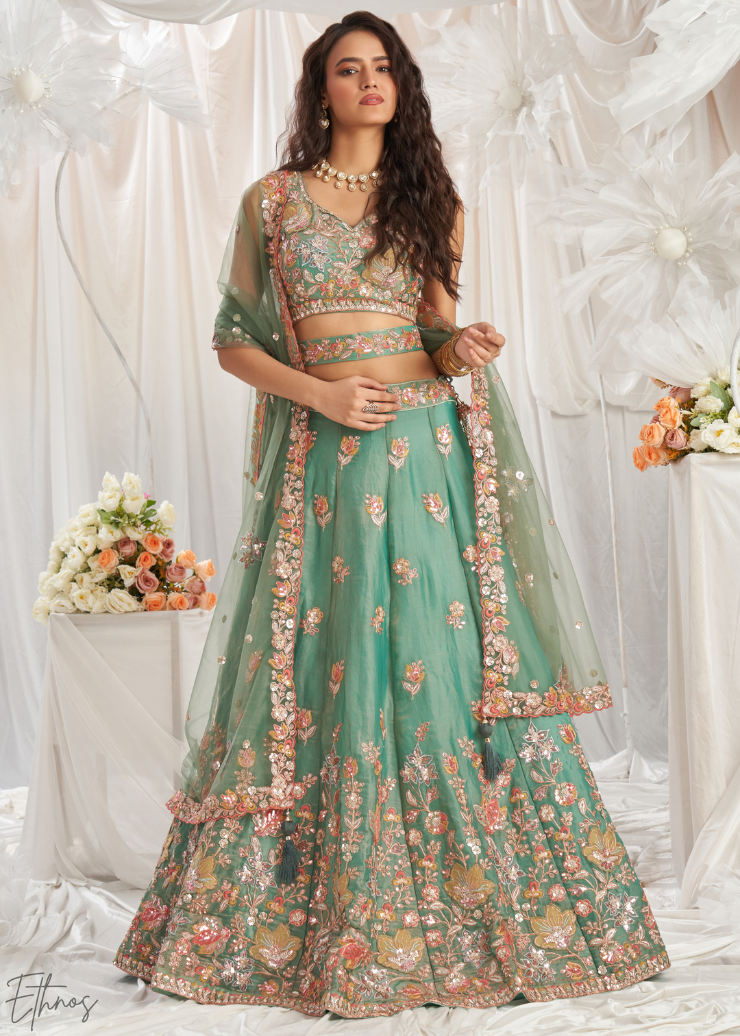 Desert Sage Gilded Bouquet Organza Lehenga