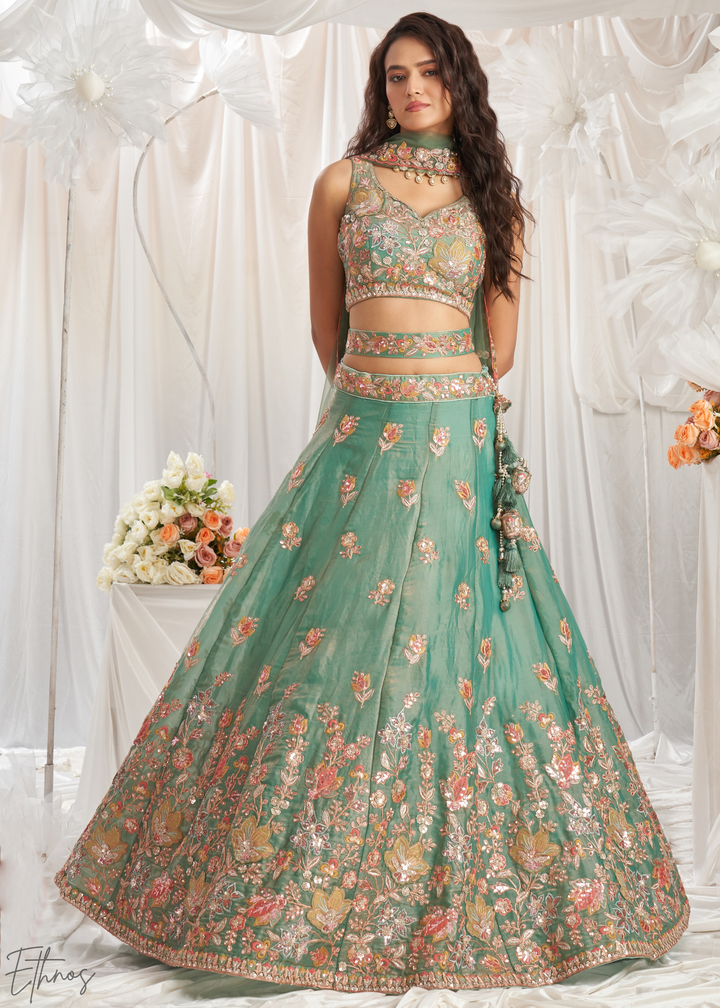 Desert Sage Gilded Bouquet Organza Lehenga