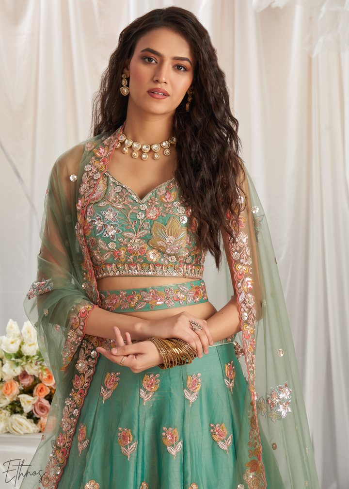 Desert Sage Gilded Bouquet Organza Lehenga