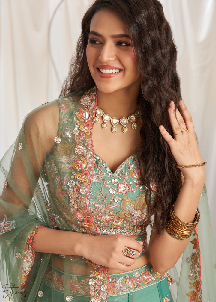 Desert Sage Gilded Bouquet Organza Lehenga