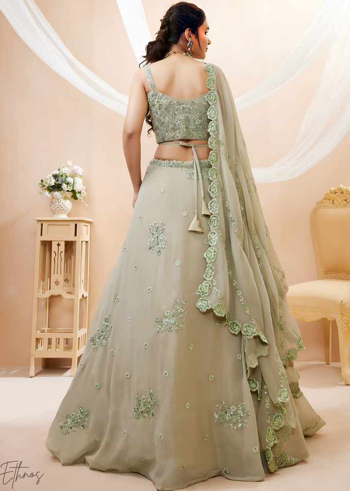 Desert Sage Raised Rosette Georgette Lehenga Choli