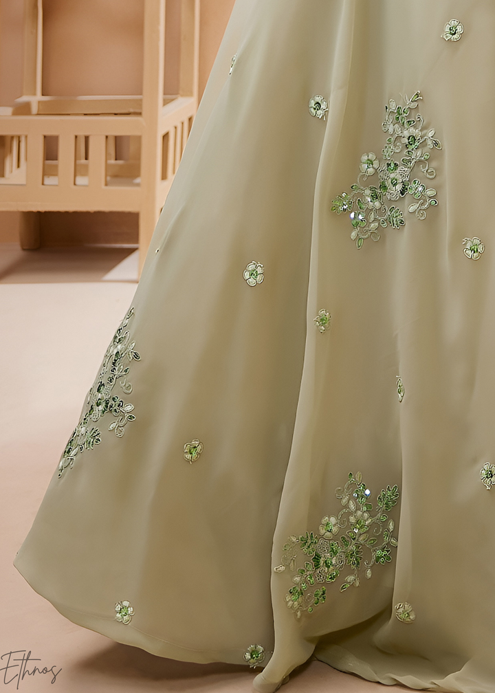 Desert Sage Raised Rosette Georgette Lehenga Choli