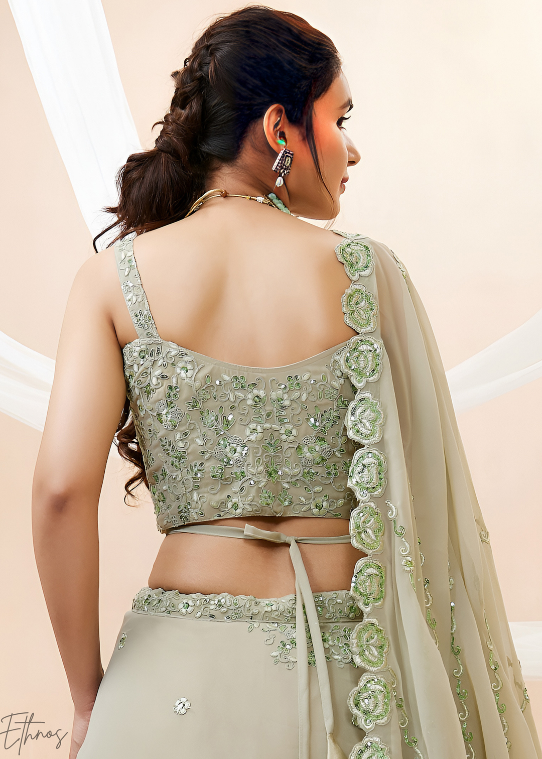 Desert Sage Raised Rosette Georgette Lehenga Choli