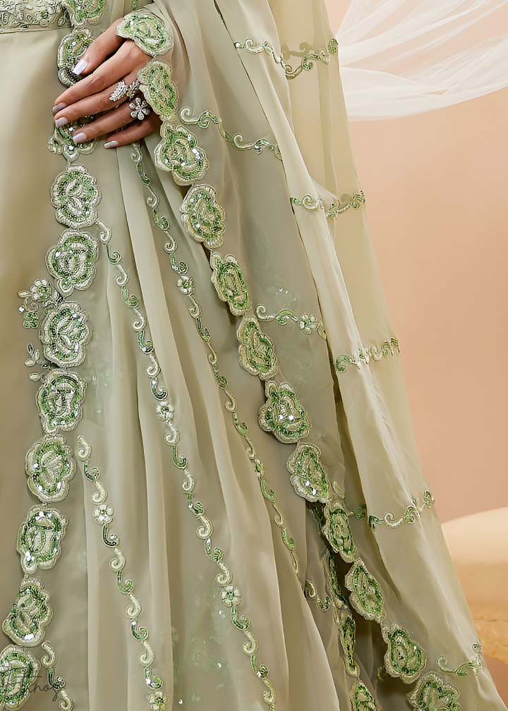 Desert Sage Raised Rosette Georgette Lehenga Choli