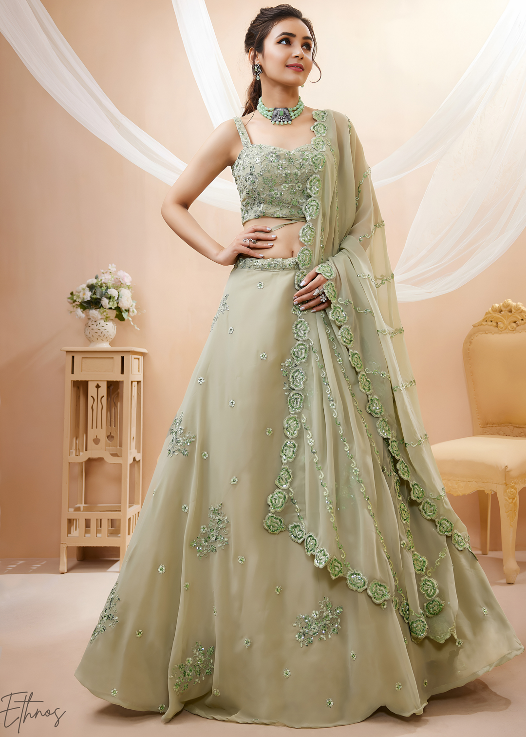 Desert Sage Raised Rosette Georgette Lehenga Choli