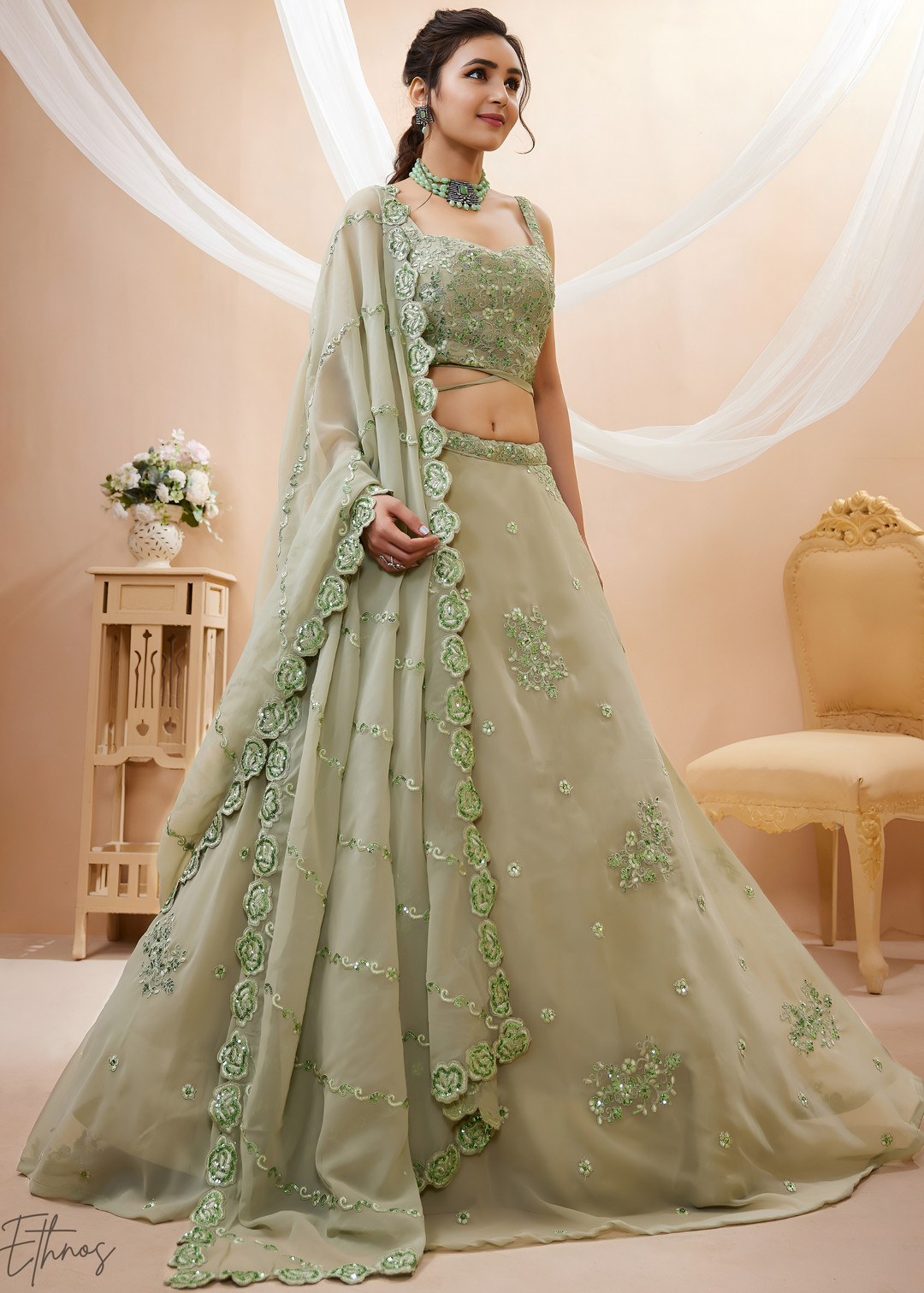 Desert Sage Raised Rosette Georgette Lehenga Choli